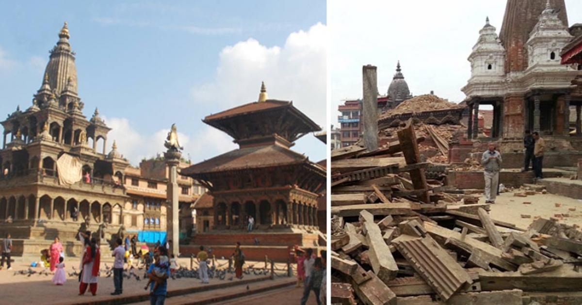 The Patan Durbar Square, one of four plazas that remain that were home to the Nepalese royal family, before and after the earthquake.