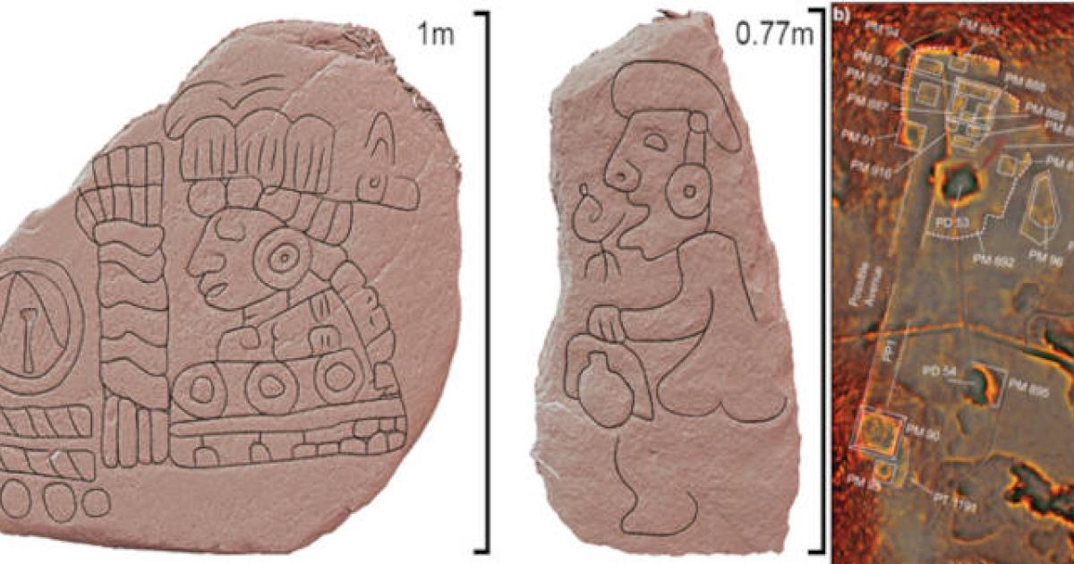 Left; Carved stone monuments at the summit of Cerro Patlachique. Right; lidar of the top of Cerro Patlachique.