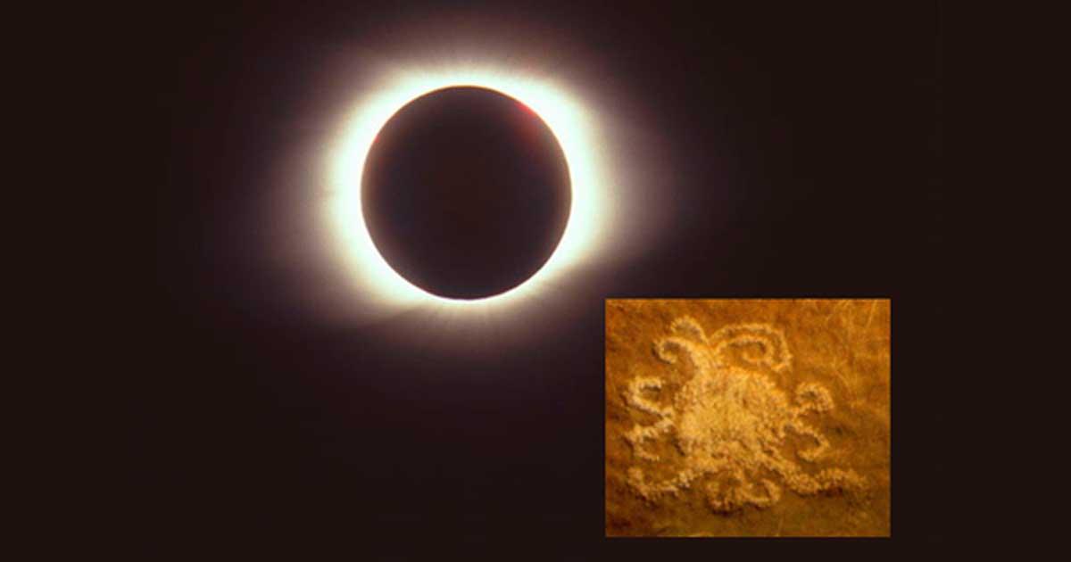 Main: Total eclipse of the sun taken on 9 March 1997 (CC by SA 3.0). Inset: The petroglyph in Chaco Canyon, which may represent a solar eclipse. Credit: University of Colorado