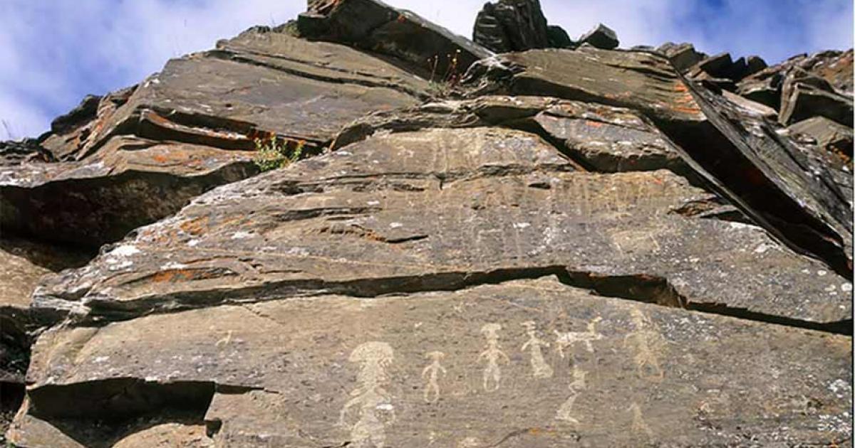 The Pegtymel petroglyphs depicting hallucinogenic mushroom-headed figures, which is evidence of the use of magic mushrooms 2,000 years ago in northeast Russia.          Source: Institute of Archaeology Russian Academy of Sciences