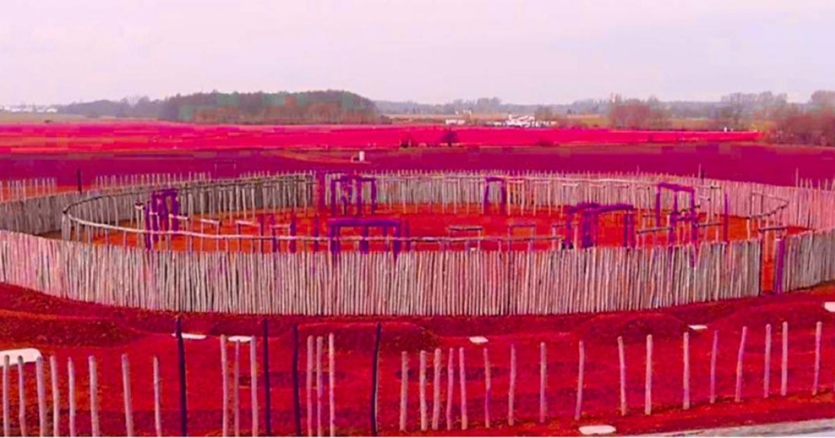 Representation of how Perdigões’ Neolithic “Woodhenge” would have looked (with full worked area highlighted). Source: ERA Archueologia