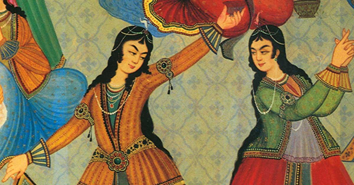 Persian Women dancing. From a wall painting at "Hasht Behesht Palace" (Palace of 8 heavens), Isfahan, Iran. 