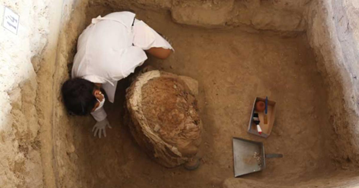 Archaeologist carrying out excavations at the pyramid of the bees.