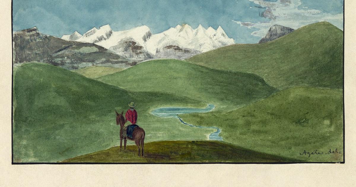 Drawing of a man on horseback, facing the Peruvian Andes.