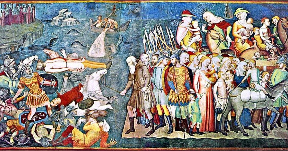 Pharaoh and his army drown trying to cross the Red Sea, as reflected in the Old Testament. Bartolo di Fredi. 