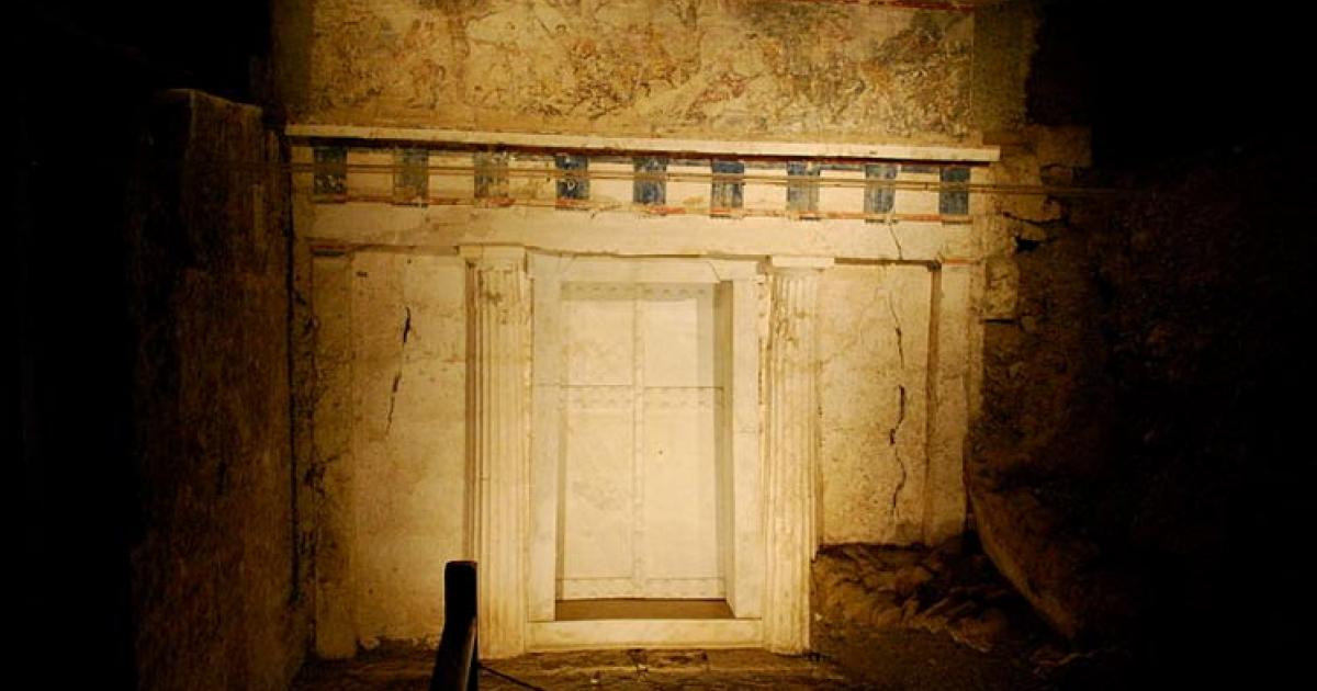 The marble facade of Philip II tomb, Vergina Greece
