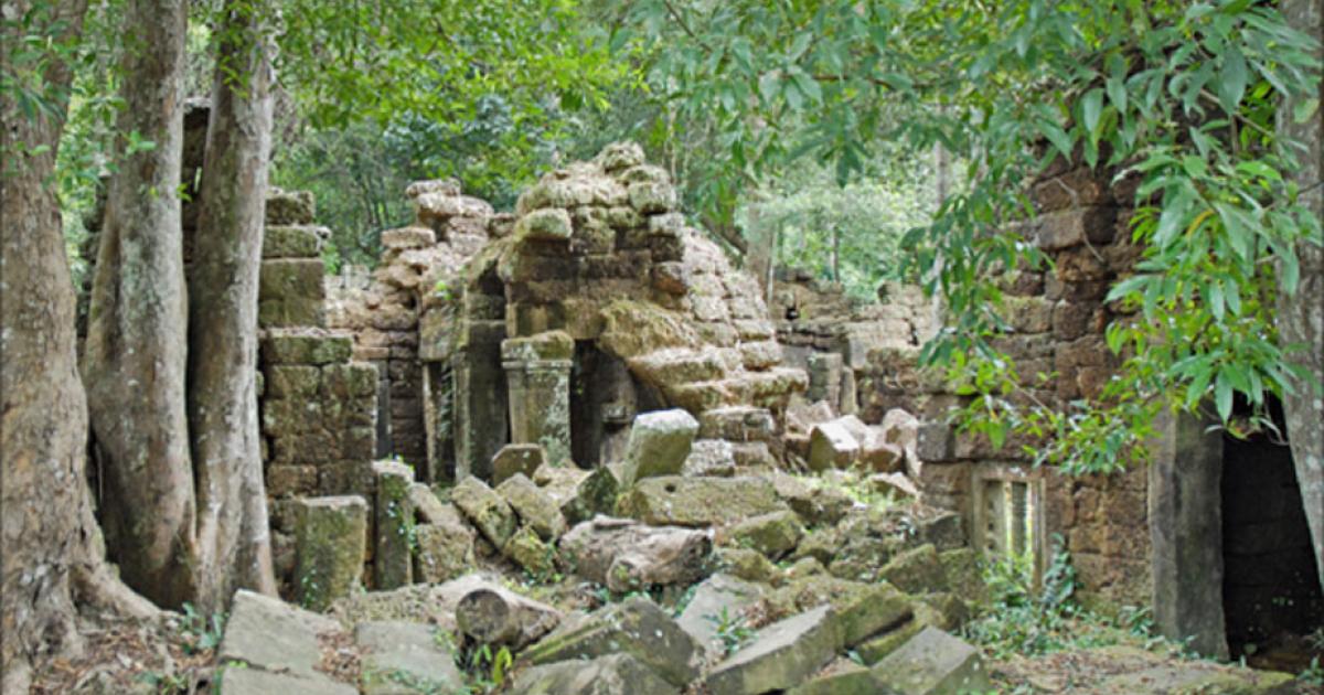 Khmer temple ruins at Phnom Kulen, a sacred mountain range in Cambodia.