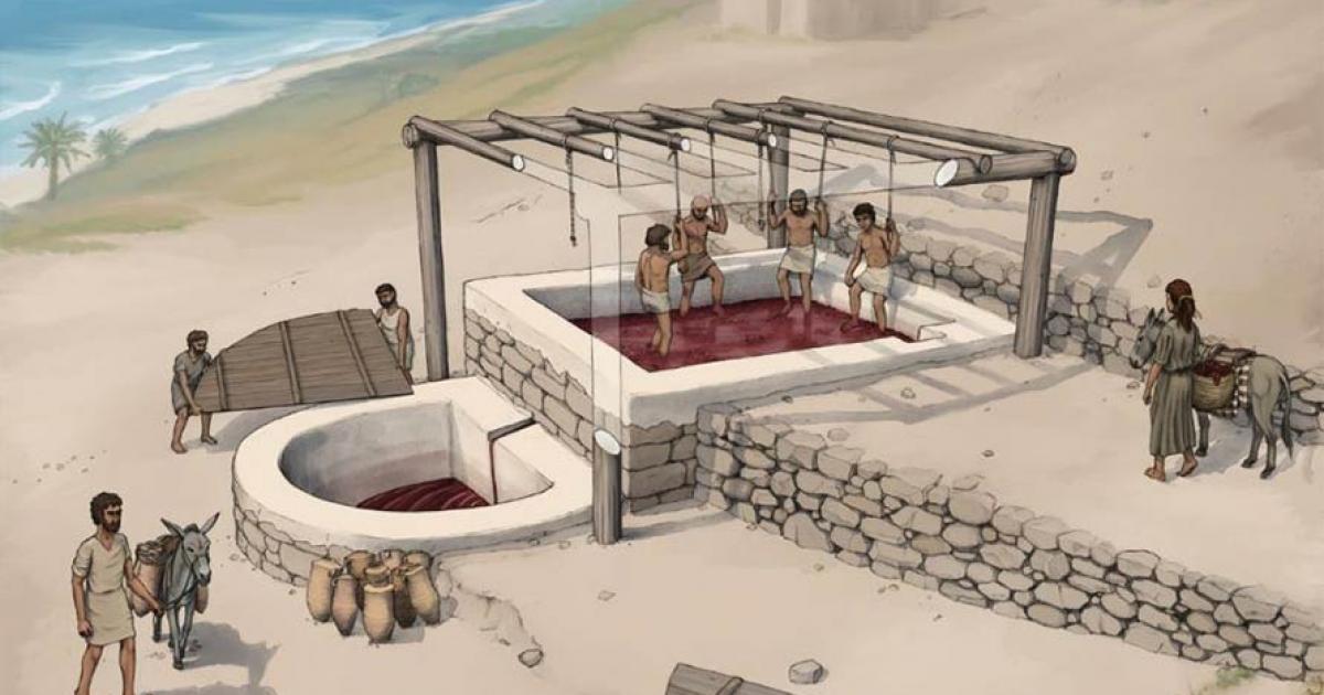 Reconstruction of the wine press at Tell el-Burak, looking from the south-east. Source: Tell el-Burak Archaeological Project; drawing by O.Bruderer; Antiquity