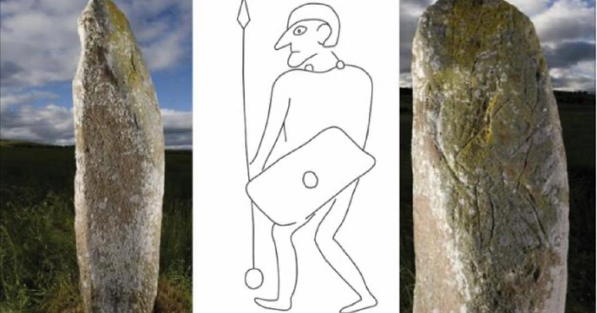 The Collessie Pictish stone and an interpretation of the warrior depicted on it. Source: Historic Environment Scotland, University of Aberdeen