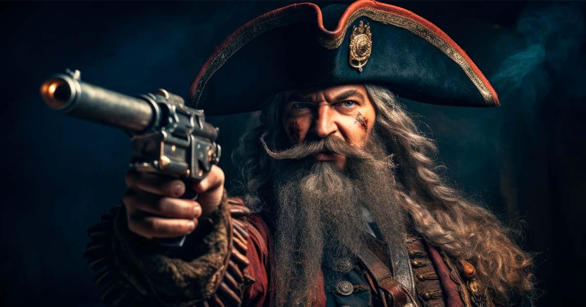Portrait of medieval bearded pirate holding sword and gun.  Source: Oulaphone/Adobe Stock