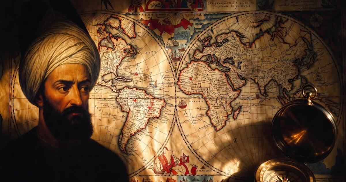 An illustration of a man in a turban, representing Piri Reis, standing before an ancient world map with a brass compass in the foreground.