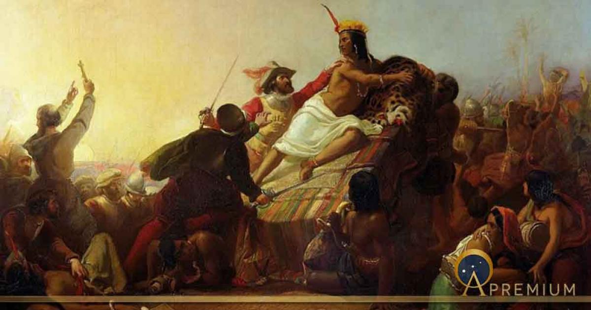 Painting "Pizarro Seizing the Inca of Peru", by John Everett Millais, showing Pizarro in the act of capturing the king of the Inca Atahualpa.                                 Source: Public Domain