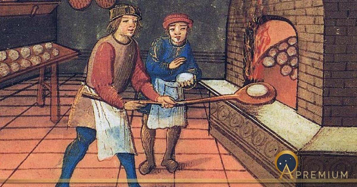 A medieval baker with his apprentice. The Bodleian Library, Oxford. (Public Domain)
