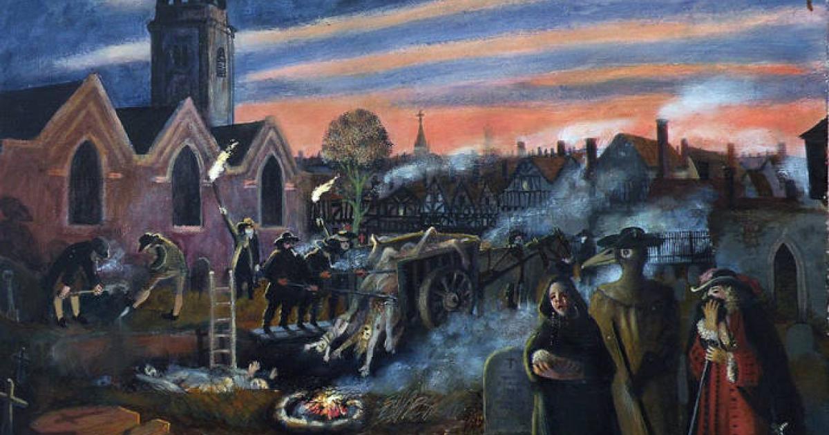 A dramatic scene from the Great Plague of 1665, showing death carts collecting bodies in London streets while fires burn to ward off contagion.