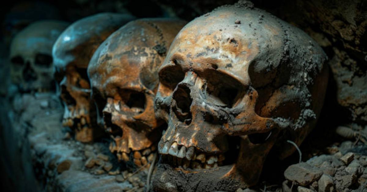 Plague victims remains representated by skulls, AI generative