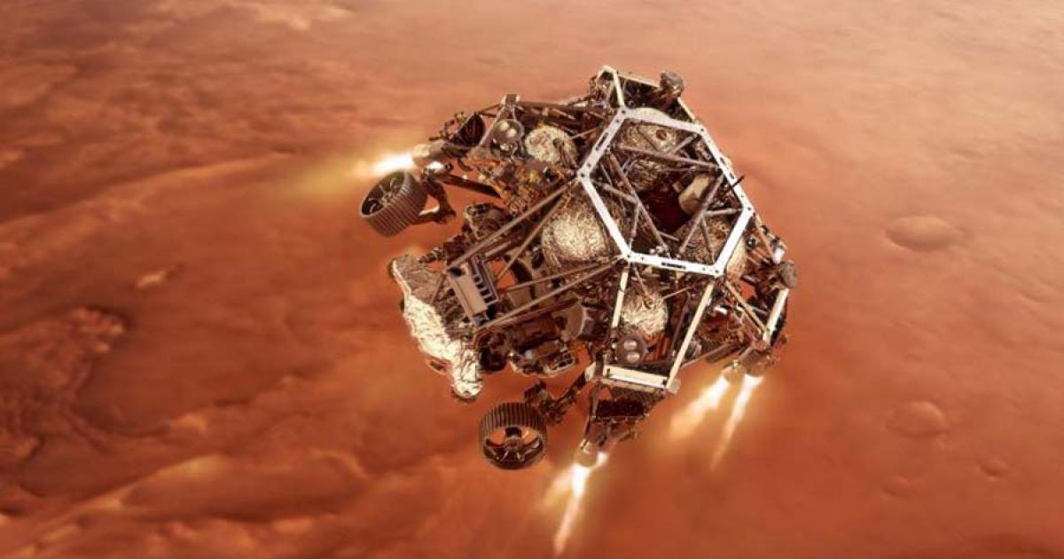 Illustration of the NASA Perseverance rover firing up its descent engines as it approaches the surface of planet Mars. Source: JPL-Caltech / NASA