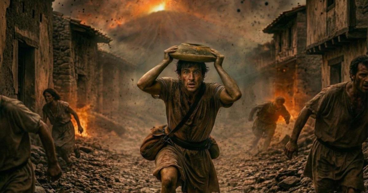 Digital reconstruction of a man moving along a rough path, raising a mortar above his head while debris falls around him.