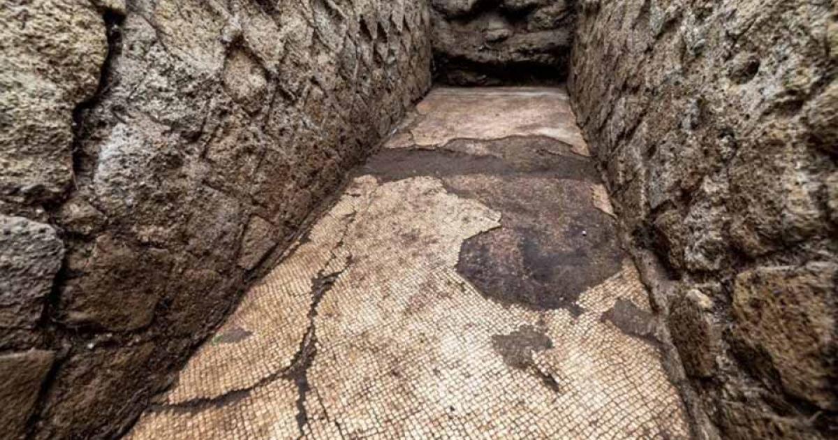 Roman mosaic being excavated at the villa of Publius Vedius Pollio at Posillipo. Source: University of Naples "L'Orientale"