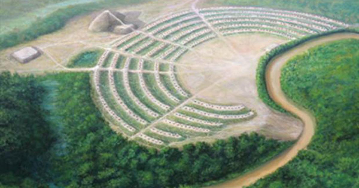 Top image: Artist’s conception of the Poverty Point archaeological site near Epps, Louisiana at its height	Source: Herb Roe / CC BY-SA 4.0