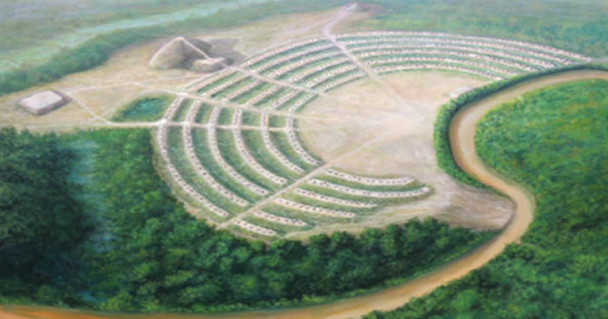Artist’s impression showing an aerial view of the impressive Poverty Point earthworks in northeast Louisiana