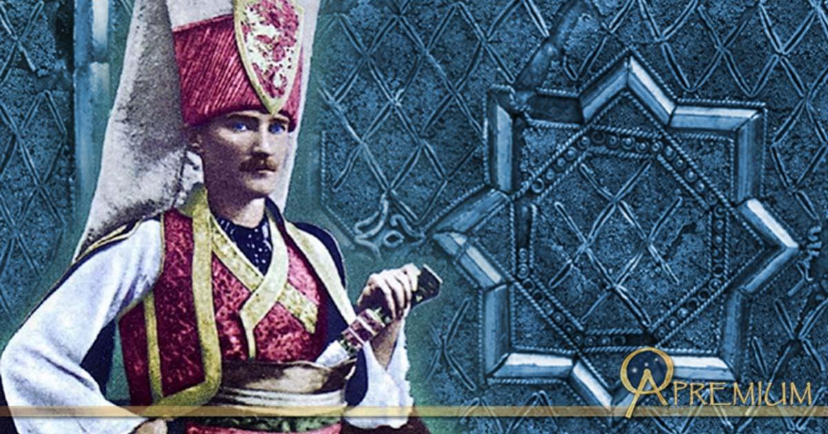 Mustafa Kemal Atatürk wearing the traditional Janissary uniform (Public Domain), and ornament from a Janissary's Cap, 17th century Turkey