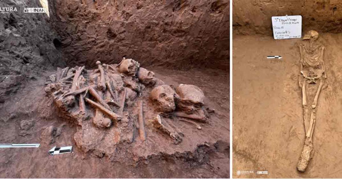 Left, stacked bones of pre-Hispanic burial system; Right, complete skeleton. Source:  Claudia Servín Rosas/INAH
