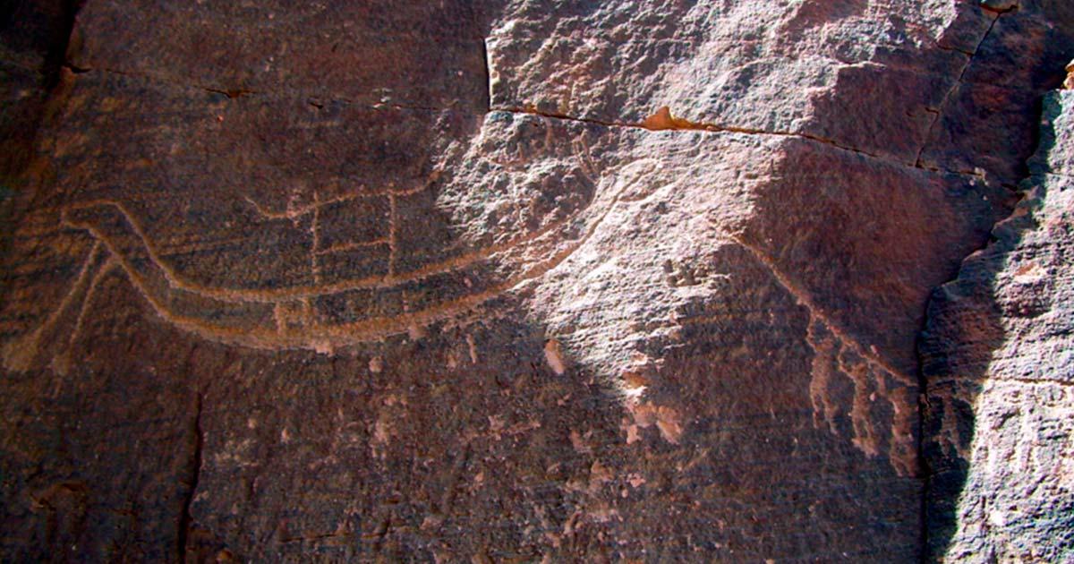Predynastic rock art - with ruler boat procession, ca. 3200 BC, Wadi al Agebab. Source: © Mohamed Abdel Hay Abu Baker