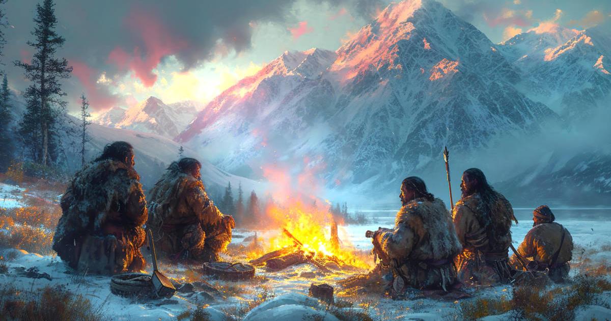 Prehistoric people gathered around a fire. 	