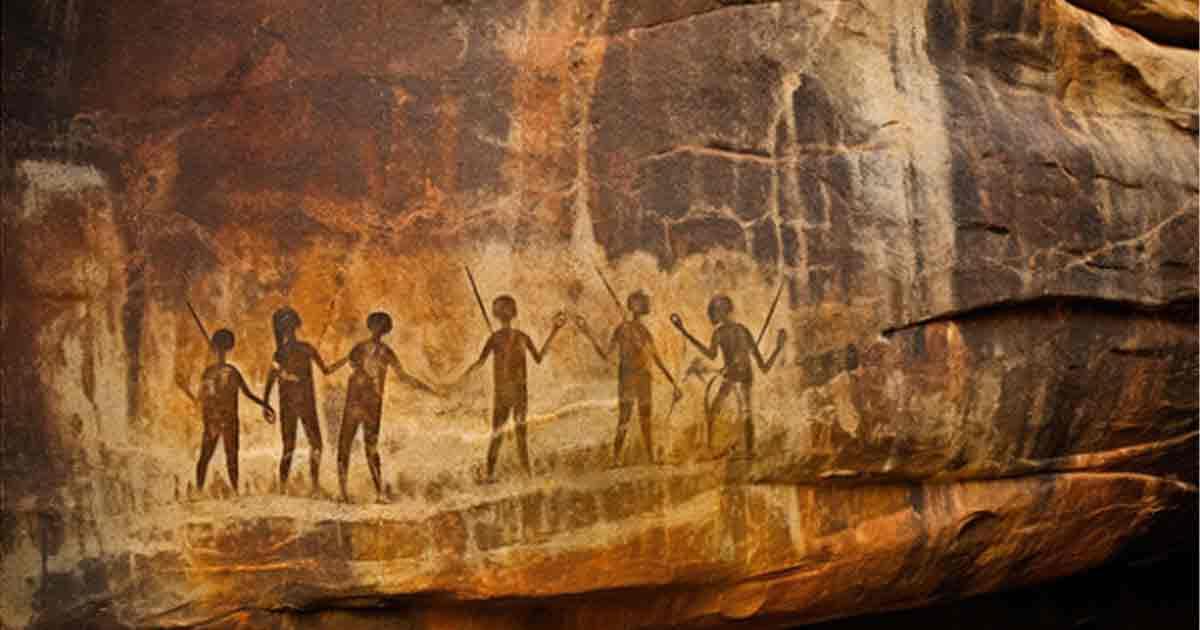 Rock art prehistoric aboriginal cave paintings of human silhouettes. Source: Jan/Adobe Stock