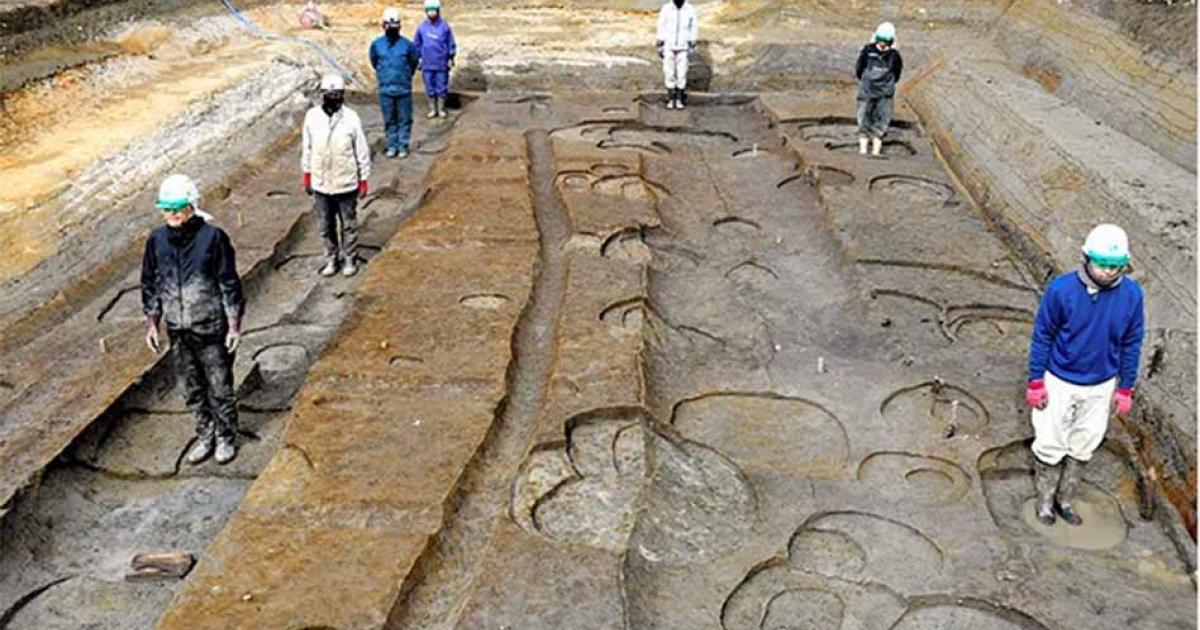 Researchers stand where massive timber pillars once stood to give a perspective on the size of the site of the home of Prince Toneri in Nara.            Source: Nara City Board of Education/Asahi