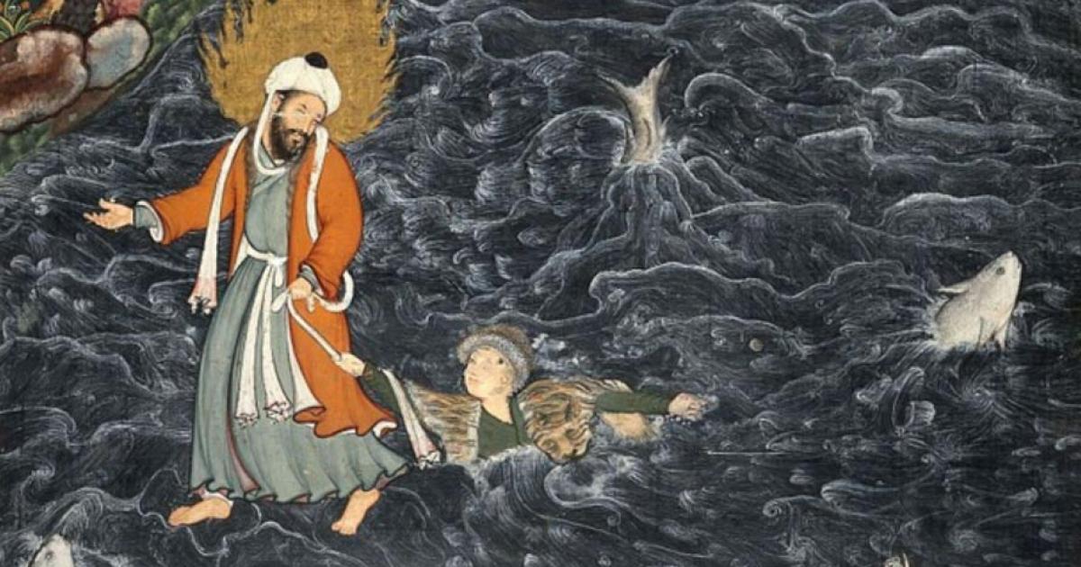 Prophet Elijah (Al-Khidr) Rescuing Nur ad-Dahr from the Sea, a scene from the Hamzanama, here imagined in a Persian miniature by Mir Sayyid Ali (c. 1550 C.E.). 