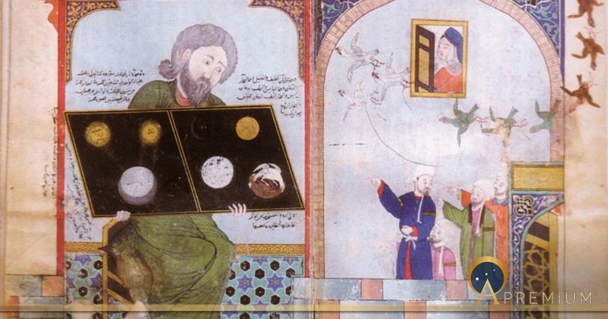 Ibn Umail describes a statue of a sage holding the tablet of ancient alchemical knowledge. Illustration from a transcript of Muhammed ibn Umail al-Tamimi's book Al-mâ' al-waraqî (The Silvery Water), Islamic miniature probably from Baghdad (Public Domain)