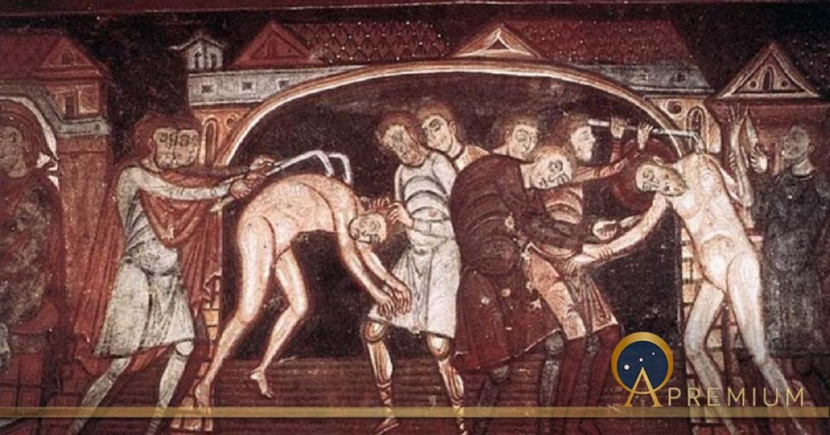 Sts Savinus and Cyprian are tortured (circa 1100) Abbey Church of Saint-Savin-sur-Gartempe (Public Domain)