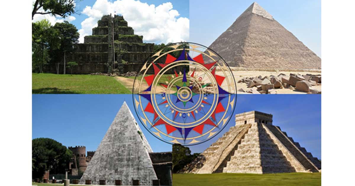 Clockwise from top left - Koh Ker, Cambodia (thomaswanhoff/CC BY SA 2.0), Pyramid of Khafre, Egypt (MusikAnimal/CC BY SA 3.0), El Castillo, Chichén Itzá, Mexico (Grand Velas Riviera Maya/CC BY SA 2.0), Pyramid of Cestius, Italy (Nicholas Laughlin/CC BY NC SA 2.0) Center: Replica of a wind rose from the chart of Jorge de Aguiar, 1492. (Alvesgaspar/CC BY SA 3.0)