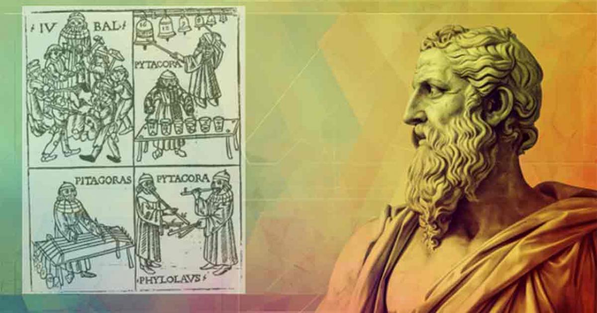 Greek Philosopher Pythagoras with overlay of woodcut showing Pythagoras with bells, a kind of glass harmonica, a monochord and (organ?) pipes in Pythagorean tuning. From Theorica musicae by Franchino Gaffurio, 1492 (1480?)	Source: Khuram Ibn Sabir/Adobe Stock, overlay Bibliothèque nationale de France/Public Domain