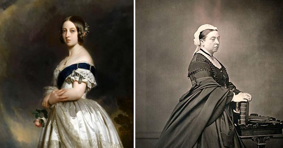 Left; Franz Xavier Winterhalter - The Young Queen Victoria in 1837. Right; Older Queen Victoria photograph.	Source: Left;  Gandalf’s Gallery/ CC BY-NC-SA 2.0 Right; Wellcome Images/ CC BY 4.0