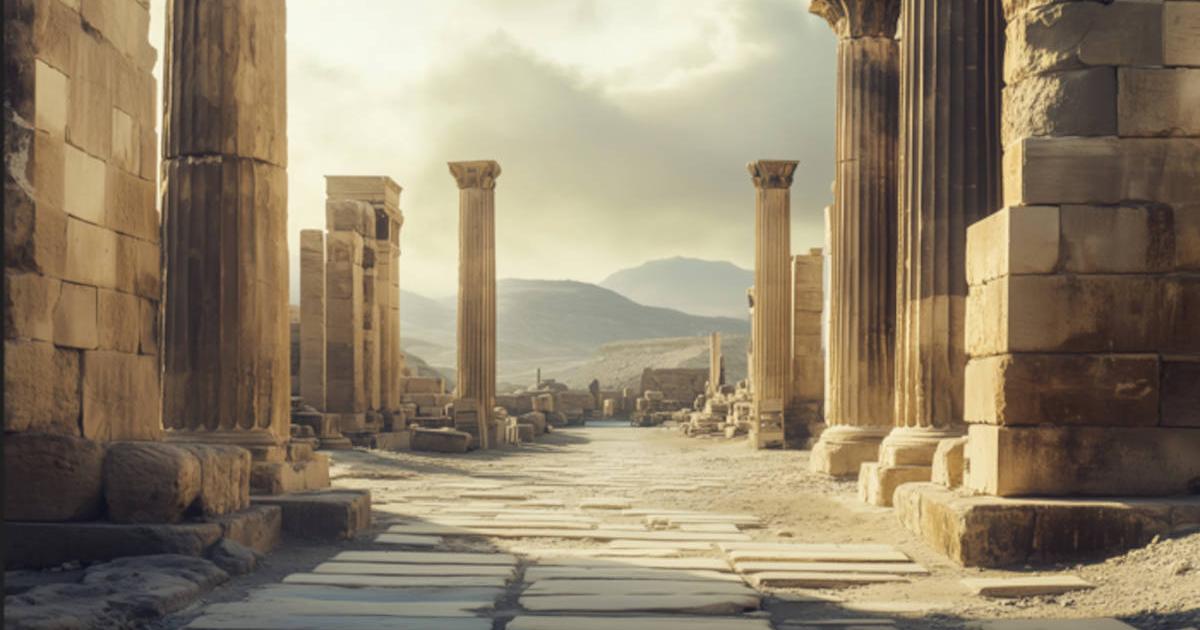 AI image of ancient ruins illuminated by the golden evening sun, showcasing classical Greco-Roman architecture of Greece in the Roman era.