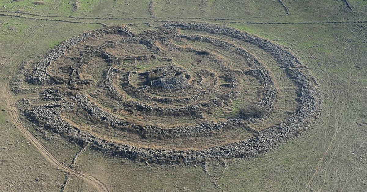 Megalithic stone circles of Rujm el-Hiri in the Golan Heights of Israel, constructed during the Early Bronze Age.