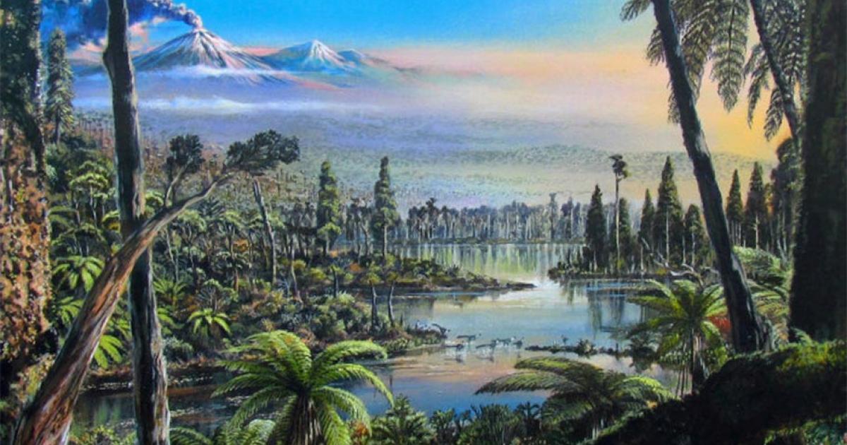 Reconstruction of the West Antarctic Turonian–Santonian temperate rainforest. The painting is based on palaeofloral and environmental information inferred from palynological, geochemical, sedimentological and organic biomarker data obtained from cores 9R and 10R at site PS104_20-2. T            Source: Alfred-Wegener-Institut/J. McKay / CC BY 4.0