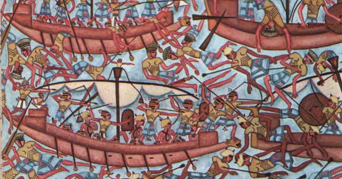 Depiction of the Sea People during naval battle with Egyptians as depicted on the temple of Ramses III in Medinet Abu, Egypt. Source: AlternatHistory