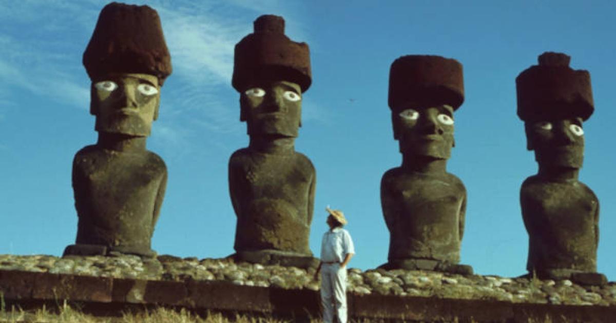 Professor Wallin stood with four of the famous moai statues of Rapa Nui.