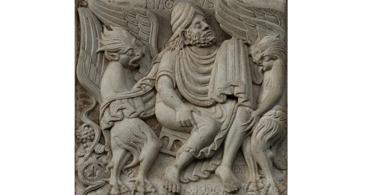 Relief on the Miègeville's gate of the basilica Saint-Sernin in Toulouse. The relief shows Simon magus, demons, and birth of the wine. 