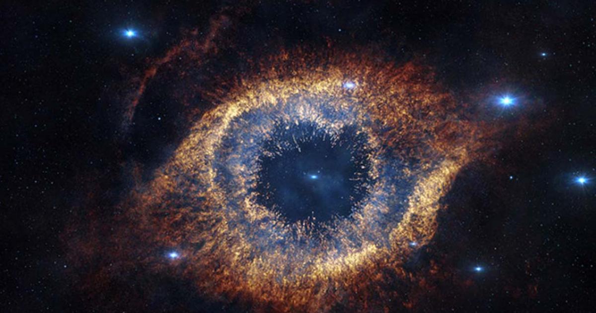 ESO's Visible and Infrared Survey Telescope for Astronomy (VISTA) has captured this unusual view of the Helix Nebula (NGC 7293), a planetary nebula located 700 light-years away. The Helix Nebula is sometimes called the “Eye of God.”