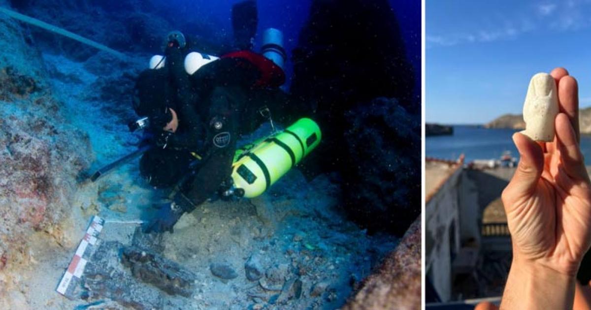Remnants of a second ship found at the Antikythera site in Greece, and right, marble artifact.	Source: Greek Ministry of Culture