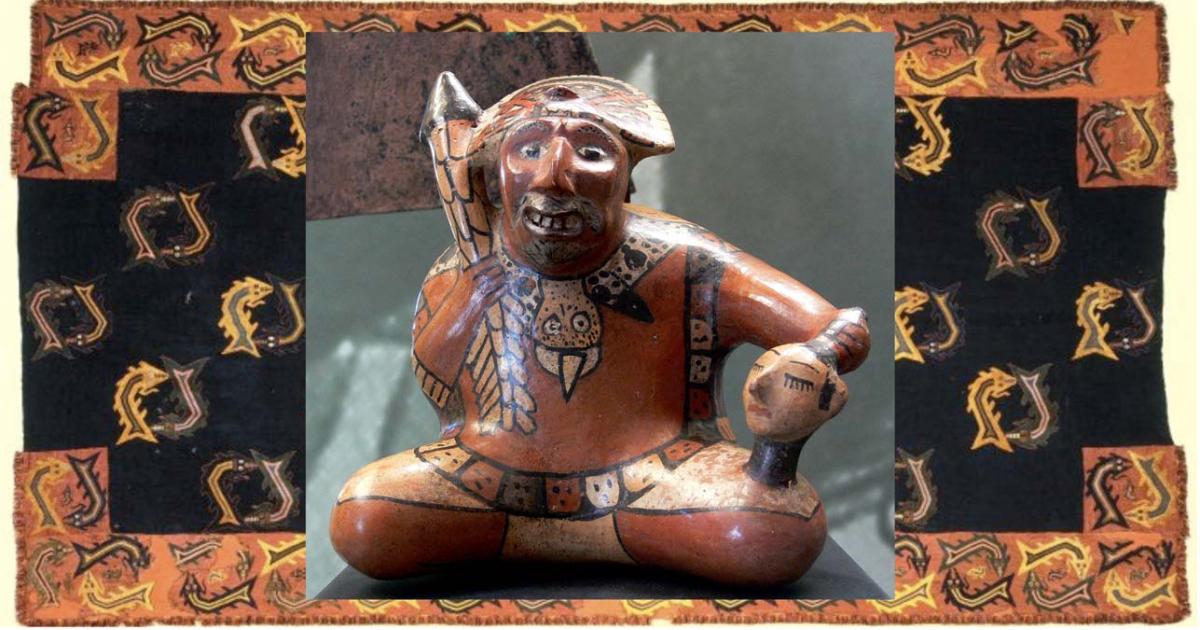 At Front - Representation of a warrior holding a trophy head. Background - Nazca fiber "double fish" design displayed at Brooklyn Museum. Source: Front, Public Domain; Background, Public Domain.