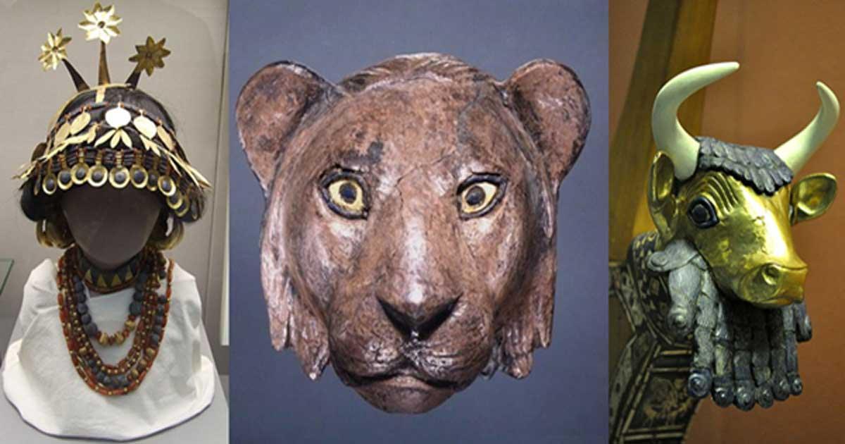 A reconstruction of the headdress and necklace of Puabi, the British Museum. (JMail/CC BY SA 3.0) A lion’s head found at the royal cemetery. (Sumerian Shakespeare) Bull's head of the Queen's lyre from Pu-abi's grave PG 800, the Royal Cemetery at Ur, Southern Mesopotamia, Iraq. The British Museum, London. (Osama Shukir Muhammed Amin FRCP(Glasg)/CC BY SA 4.0)