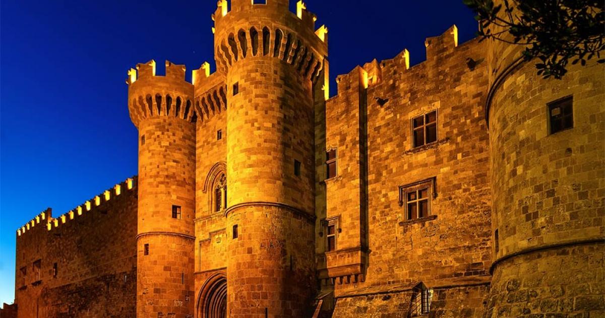 St John knights castle at night, Rhodes island, Greece