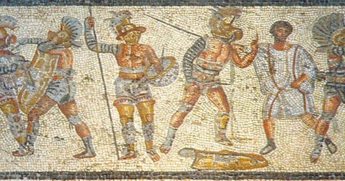 Roman gladiators depicted in mosaic from the year 200 AD.