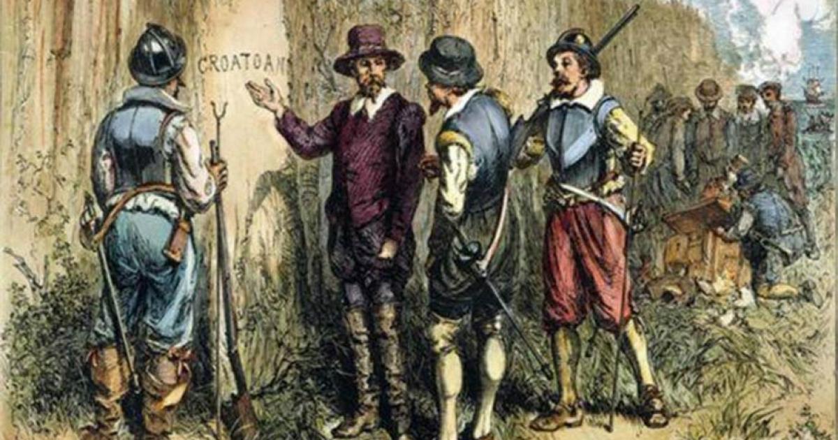 Painting by Englishman John White. Sir Walter Raleigh’s 1590 Expedition to Roanoke Island to find the Lost Colony uncovered 'Croatoan' carved on a tree. This may be in reference to the Croatan island or people. Source: John White / Public domain