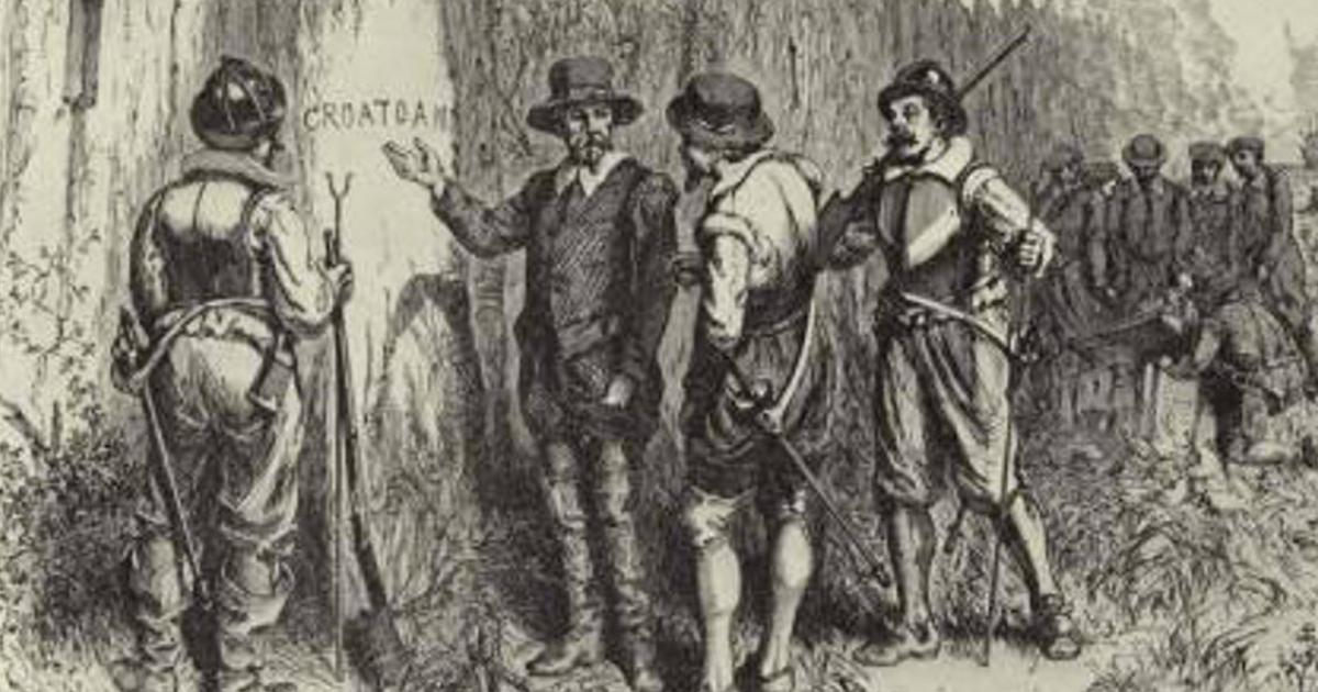 Illustration depicting Captain John White returning to Roanoke Island and discovering the word 'CROATOAN' carved into a tree at the fort palisade. 